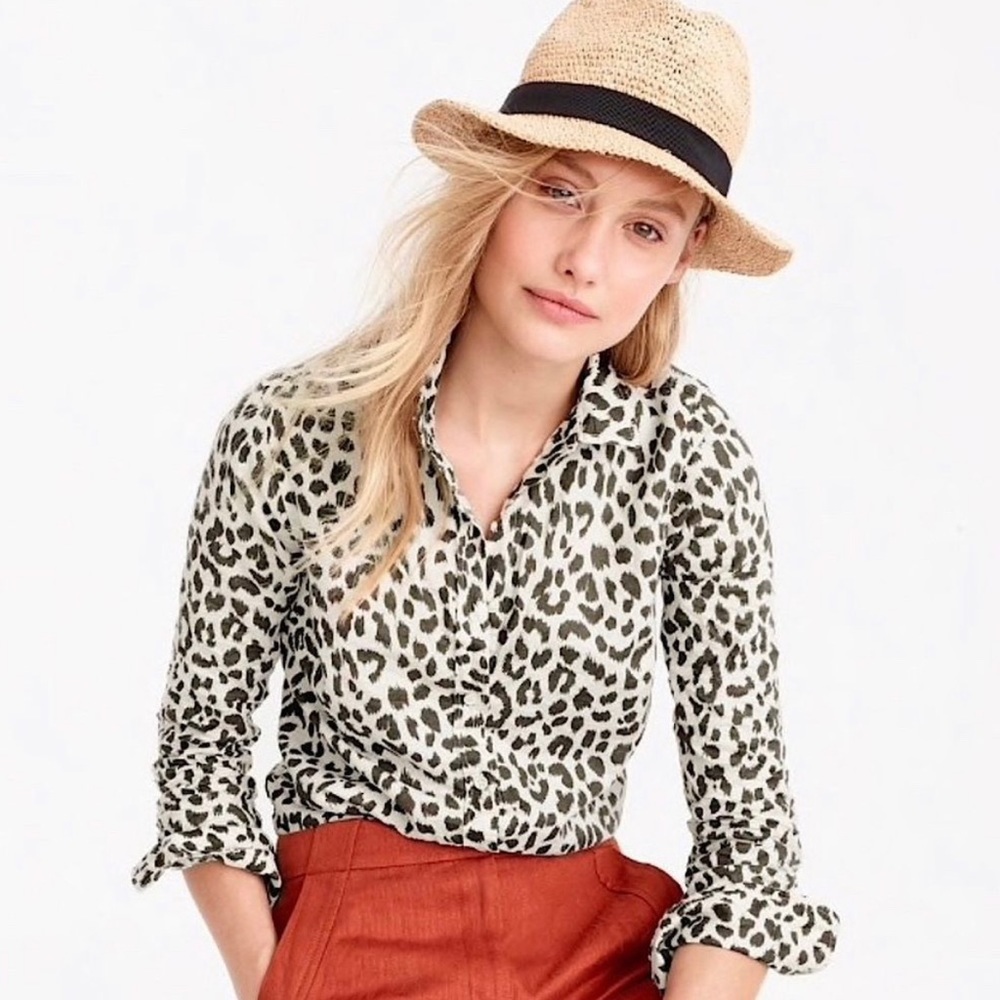 J. Crew Perfect Linen Shirt Sz 6 Leopard Print